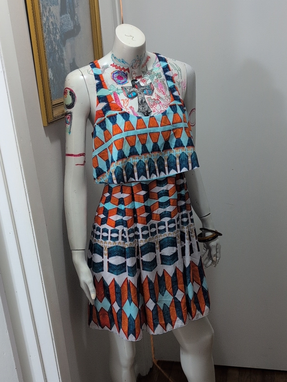 Jessica Simpson Geometric Mini Dress in Orange & Teal